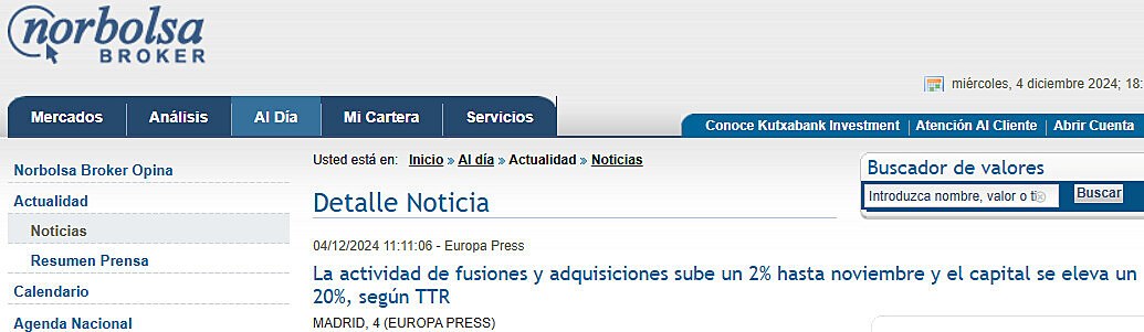 La actividad de fusiones y adquisiciones sube un 2% hasta noviembre y el capital se eleva un 20%, segn TTR